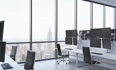 A modern trader's workplaces in a bright modern open space office. White tables equipped with modern trader's stations and black chairs. New York in the panoramic windows. 3D rendering.