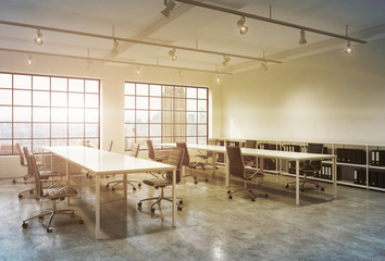 Workplaces in a bright sunset loft open space office. Empty tables and docents' book shelves. New York panoramic view. A concept of a high quality consulting services. Toned image. 3D rendering.