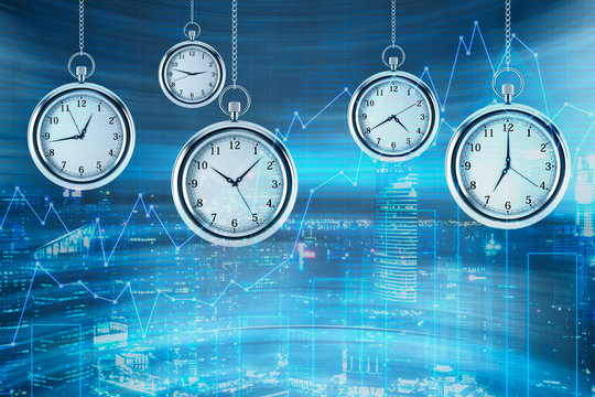 Four models of pocket watches are hovering in the air over financial graphs background. A concept of a value of time in financial markets. New York view on background. 3D rendering.