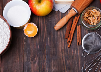 Ingredients and tools for making an apple pie