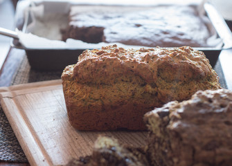 Home made zucchini bread on a cutting board 