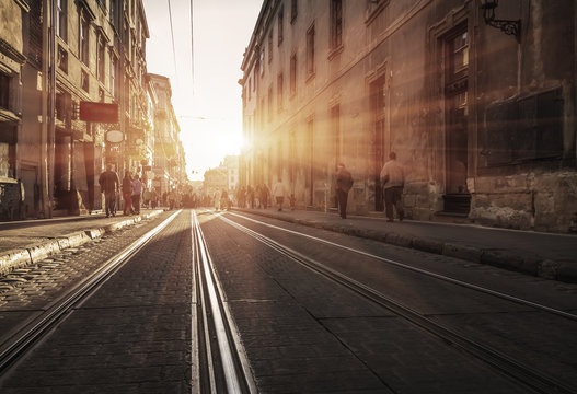 Old Street At Sunset. Old City. Black And White Card