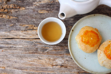Chinese cake with hot tea