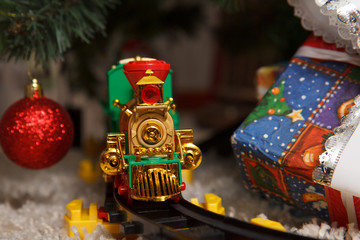Fototapeta na wymiar Train Christmas gift. Xmas decoration.
