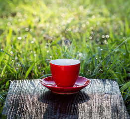 Red cup coffee and smok on wood board with dew on grass. © panya168