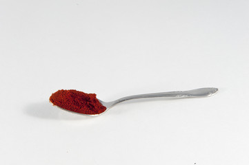 A spoonful of smoked paprika against a white background against a white background