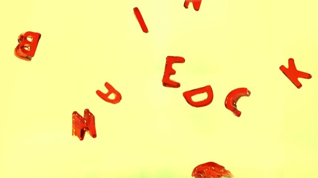 Alphabet shaped jelly falling shooting with high speed camera, phantom flex.