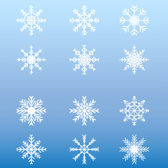 Set of white winter snowflakes on blue background. Vector illustration Christmas design.