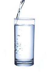 Glass with water splash on white background