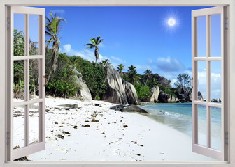 Open window view to sand beach, Seychelles - 96352183