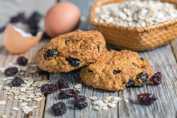 Homemade oatmeal cookies, eggs and raisins.