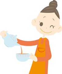 お茶を注ぐママ