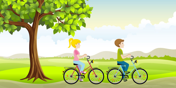 Two people ride a bike through the countryside
