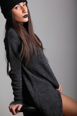 Fashion woman model in black dress