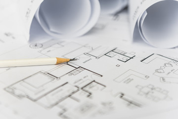 white pencil on architectural for construction drawings