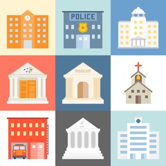 Vector public building icons set, flat design