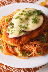 Chicken Parmigiana and pasta close-up on a plate. Vertical
