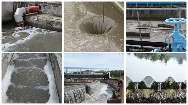 Sewage waste water treatment plant. Hole flow. Blue stopcock valve and pipes. Water sedimentation and filtration. Montage of video clips collage. Split screen. White round corner frame. Full HD 1080p.