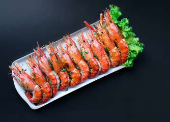 Grilled Giant River Prawn on black background