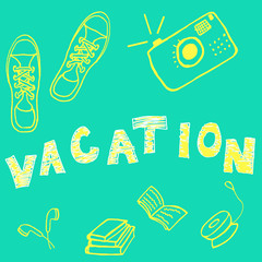 Vector vacation card with sneakers, camera, books, headphones and yo-yo