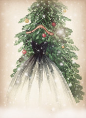 elegant dress hanging on Christmas tree. watercolor illustration