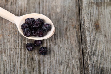 Fototapeta na wymiar Ripe blackberries in a wooden spoon