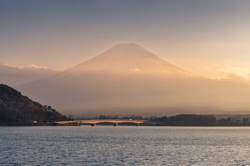 Lake kawaguchiko and Mountain Fuji with clouds in sunset