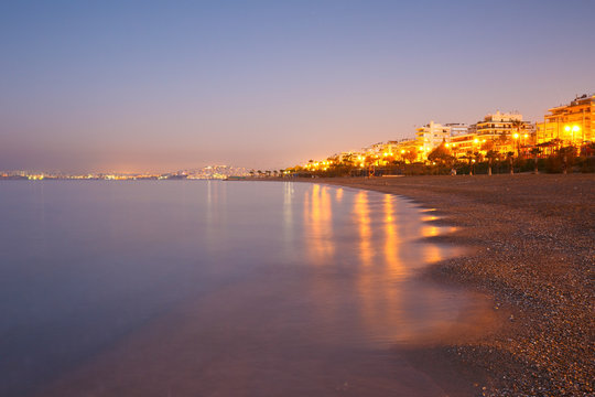 Beach in Palaio Faliro and the seafront of Athens, Greece.