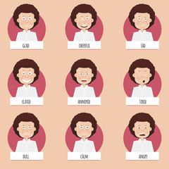 Nine cartoon emotions faces for vector characters.
