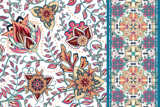 Set of seamless floral pattern and border for design. Hand draw vector Illustration. Seamless background with flowers