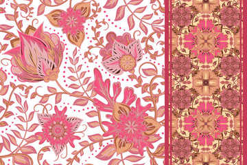 Set of seamless floral patterns and seamless border. Abstract textures with flowers and leave. Vector backgrounds
