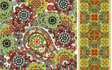 Set of seamless pattern based on traditional Asian elements Paisley and striped. Vector colorful background