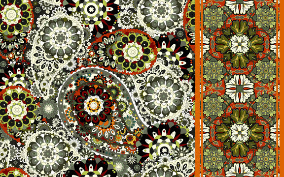 Set of seamless pattern based on traditional Asian elements Paisley and striped. Vector colorful background