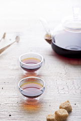 Black tea in a transparent teapot and cups 