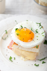 Croque madame, egg, ham, cheese sandwich. Traditional French cuisine. 