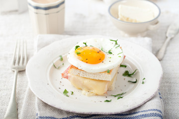 Croque madame, egg, ham, cheese sandwich. Traditional French cuisine. 