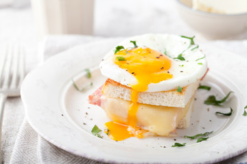 Croque madame, egg, ham, cheese sandwich. Traditional French cuisine. 
