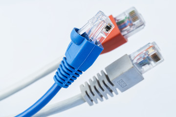 Colorful network cable with RJ45 connectors. Selective focus.