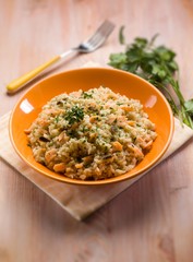 risotto with smoked salmon, selective focus
