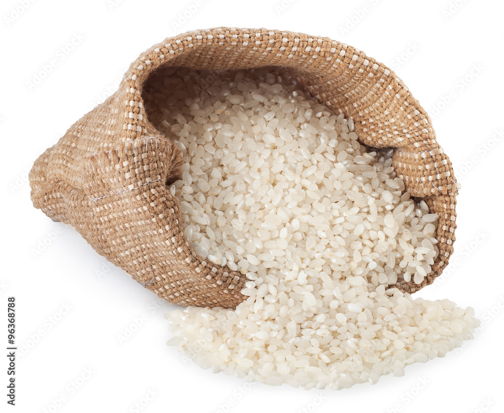 Wall mural rice in bag isolated on white background