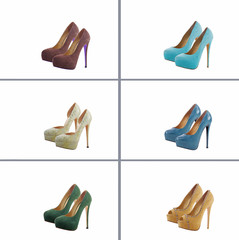 Female shoes collection on white background.