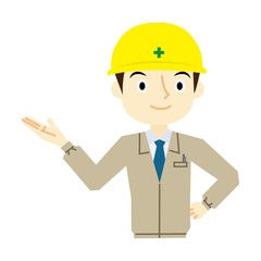 男性作業員　表情　こちら