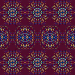 Beautiful vector Print Seamless Pattern. Mandala Flowers with cherry background.