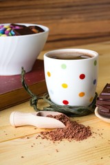 Hot chocolate in front of white bowl