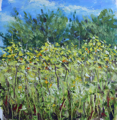 high summer flowers in the meadow, trees, sky, oil painting