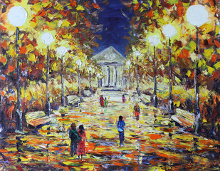 Evening walk in the autumn park, people, white lights © weris7554