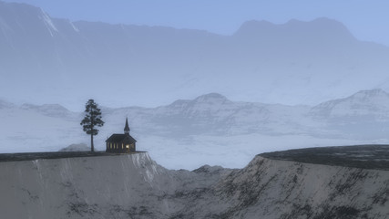 Chapel with fir tree on cliff in foggy winter mountain landscape