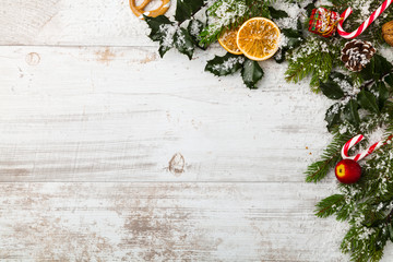 Christmas decoration on wooden boards.