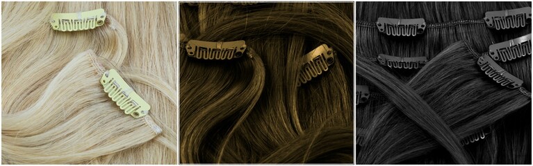 Blonde, brown and black clip-in extensions closeup - stock photo