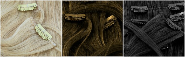 Blonde, brown and black clip-in extensions closeup - stock photo - obrazy, fototapety, plakaty